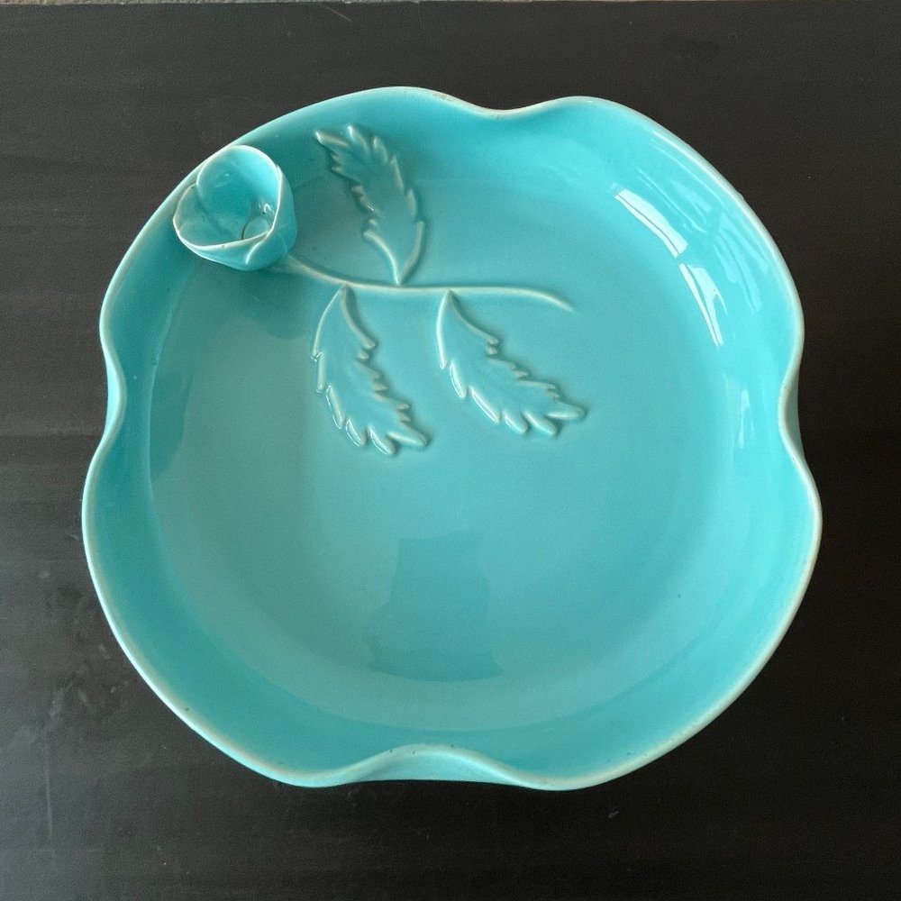 Caliente Pottery Aqua Blue Flower Dish Virgil Haldeman Made in Burbank CA